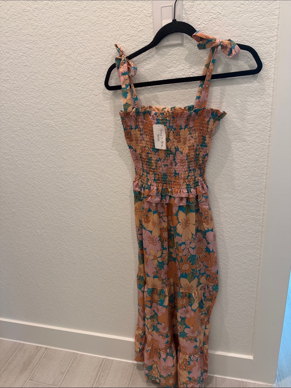 Floral Smocked Tie-Strap Maxi Dress in Peach & Teal brand new with tags in small